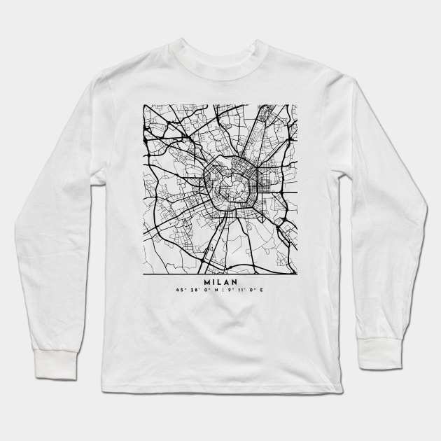 MILAN ITALY BLACK CITY STREET MAP ART Long Sleeve T-Shirt by deificusArt